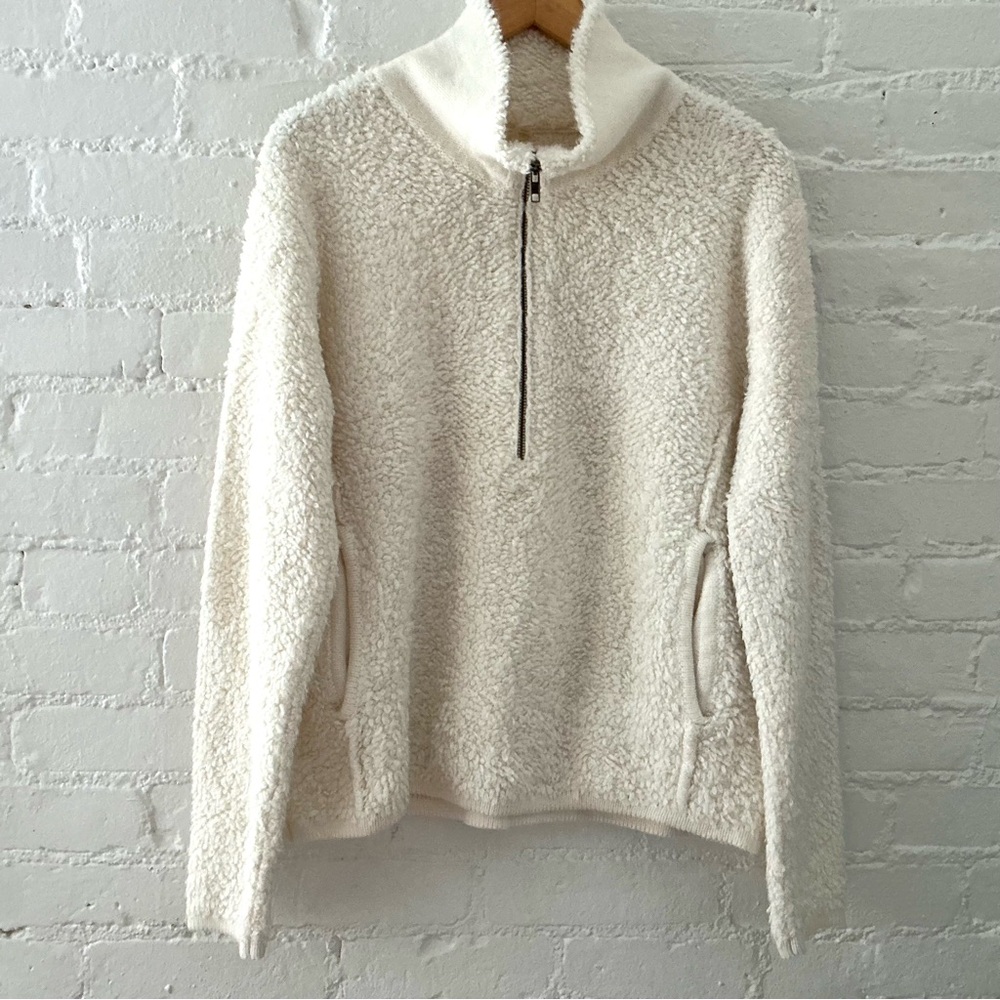 TeeBerry & Weave Womens Cream Plush Sherpa Pullover 1/4 Zip Sweater Pockets Cozy
